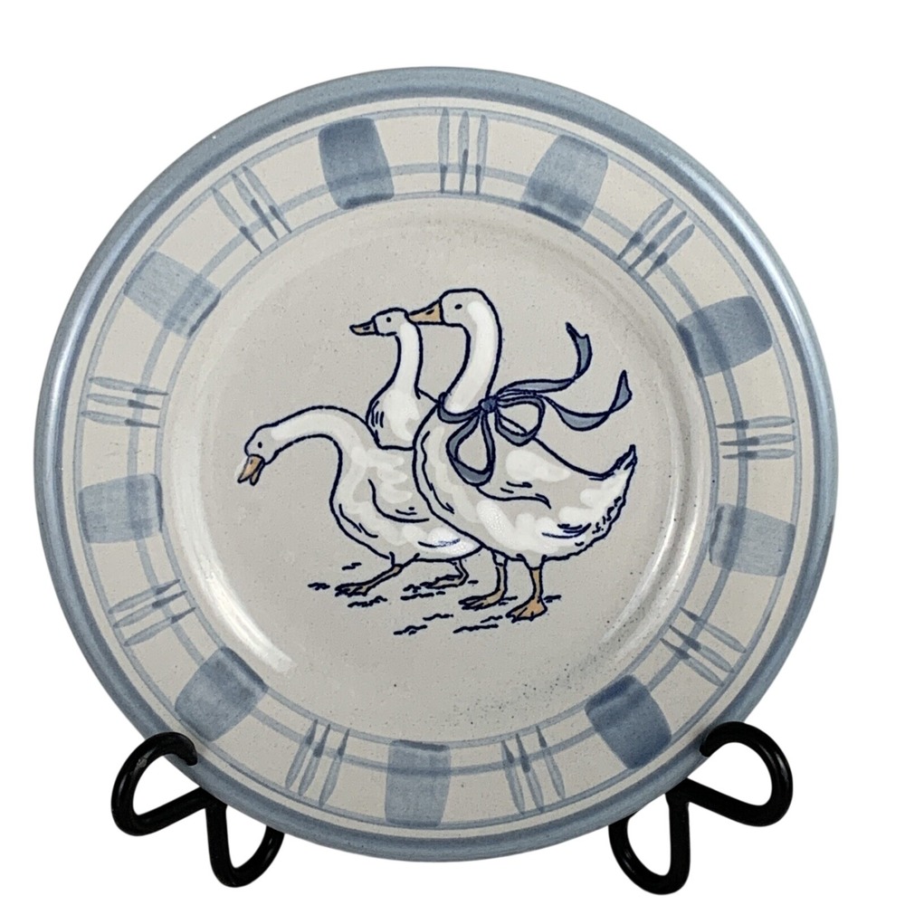 Louisville Stoneware Gaggle of Geese 8" Plate Blue White Plaid Rustic Kentucky
